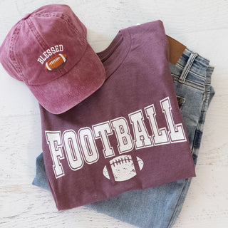 Game Day Tee Team Colors Maroon and White Graphic Tee with a maroon Blessed football cap and jeans