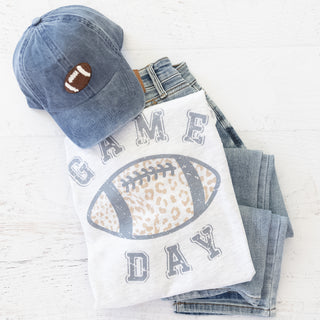 Game Day Leopard Football Graphic Tee with a blue denim baseball cap and blue jeans