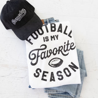 Football is My Favorite Season Game Day Graphic Tee with a black Gameday hat and jeans