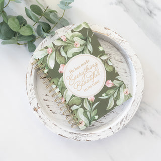 He Has Made Everything beautiful in its Time journal with floral cover on a white wooden tray