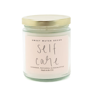 Self Care Scented Soy Candle by Sweet Water Decor with lavender, patchouli, and eucalyptus for Christian Faith-based home gift.