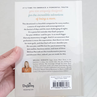 Back cover of You Are Made for This Devotions to Uplift & Encourage Busy Moms showing inspirational text and author bio.