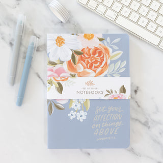 Set Your Affection on things Above Colossians 3:2 floral notebook set on marble desk with pens and keyboard