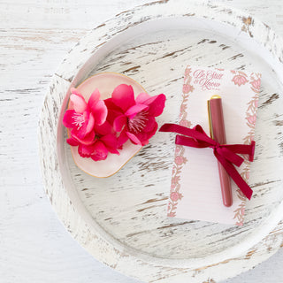 Be Still and Know Psalm 46:10 raspberry notepad and pen set with pink flowers on a white wooden tray