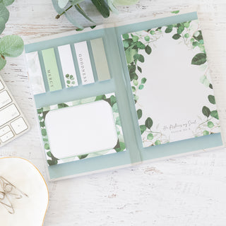 He Restores My Soul Psalm 23:3 notepad and sticky tabs with eucalyptus leaf designs