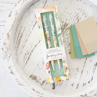 The Word of Our God Will Stand Forever Isaiah 40:8 pen set in floral box on white wooden tray