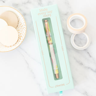 Make Every Day Count Heartfelt ball point pen in mint green packaging with washi tape and a decorative dish