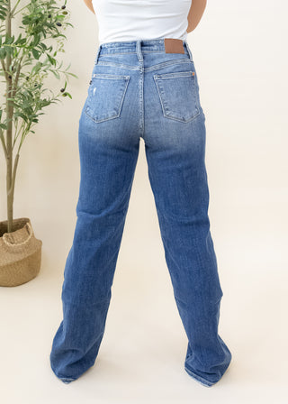 Back view of Judy Blue Classic 90s mid rise high waisted blue jeans