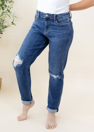 Judy Blue dark mid rise destroy slim denim jeans with distressed knees and cuffed hems