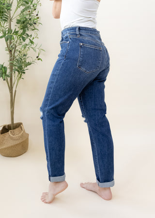 Judy Blue dark mid rise destroy slim denim jeans with cuffed hems