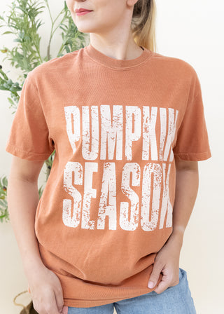 Yam colored Pumpkin Season graphic tee with white distressed lettering