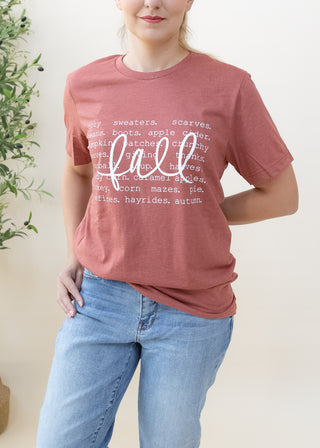 Heather clay t-shirt with Fall Cozy Sweaters Scarves Jeans Boots graphic text