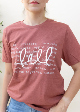 Heather clay t-shirt with white Fall Cozy Sweaters Scarves Jeans Boots graphic text