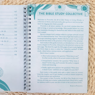 Open page of Proverbs The Bible Study Collective All in One Inductive Study book on woven surface, Christian Faith-based Boutique