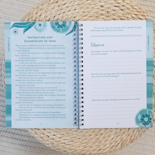 Open spiral notebook with scripture study pages showing Proverbs The Bible Study Collective All in One Inductive Study, Christian Faith-based Boutique