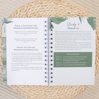 Open Bible study journal showing Psalms The Bible Study Collective All in One Inductive Study with scripture memorization and meditation in a Christian Faith-based Boutique style