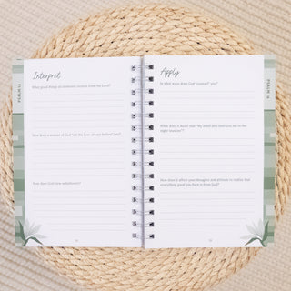 Open spiral notebook showing reflective questions from Psalms The Bible Study Collective All in One Inductive Study at Christian Faith-based Boutique