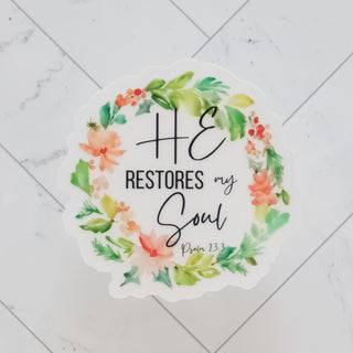 He Restores My Soul Psalm 23:3 Wreath Sticker with watercolor floral wreath in soft green and coral tones