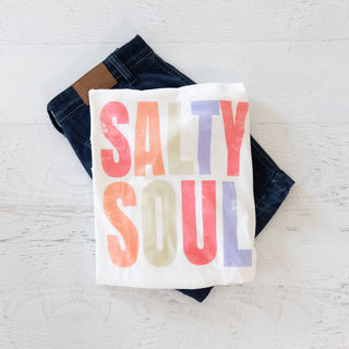 Towel with 'Salty Soul' text on a white surface