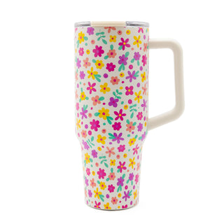 Bright Pink & Yellow Flowers 40 oz Stainless Steel Tumbler with a white handle and clear lid
