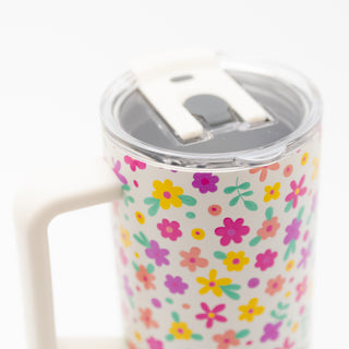 Bright Pink & Yellow Flowers 40 oz Stainless Steel Tumbler with a clear lid and white handle