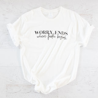 Worry Ends Where Faith Begins Graphic Tee in White - Bennett Avenue Boutique