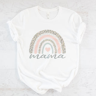 Mama Graphic Tee Cheetah Rainbow Heart White Short Sleeves - Bennett Avenue Boutique