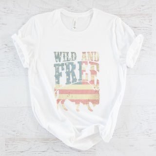 White Wild & Free Graphic Tee in White with Short Sleeves featuring an American flag bison design from Christian Faith-based Boutique