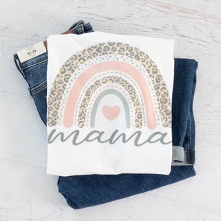 Mama Graphic Tee Cheetah Rainbow Heart White Short Sleeves - Bennett Avenue Boutique