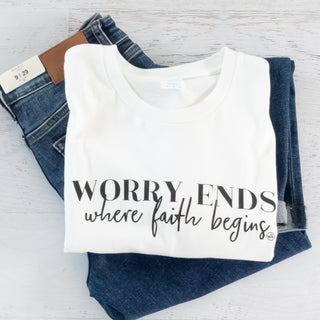 Worry Ends Where Faith Begins Graphic Tee in White - Bennett Avenue Boutique