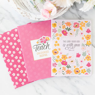 Pink and floral scripture set of three blank notebooks with floral patterns and inspirational text
