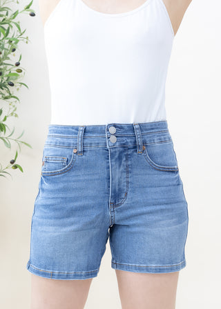 Judy Blue light denim shorts with high double waist fit and two button closure