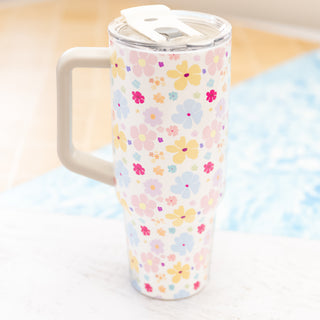 Pretty Pastel Flowers 40 oz Stainless Steel Tumbler with a white handle and clear lid
