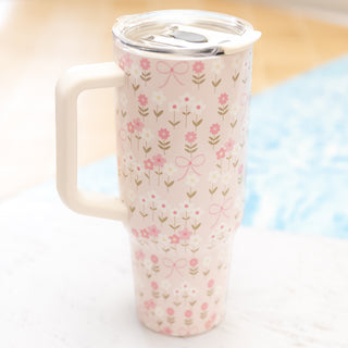 Pink & White Flowers with Pink Bows 40 Oz Stainless Steel Tumbler