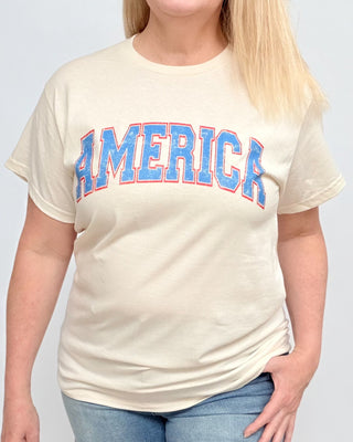America in Classic Red & Blue Collegiate Graphic Tee