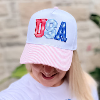 USA Girly Gingham Pink and White Stripes Baseball Cap