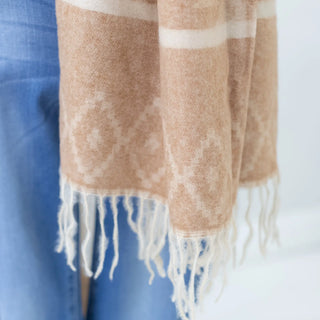 Aztec Knit Scarf Long Beige and Pink with Long Fringe Tassel Judson