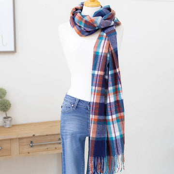 Bright Blues Plaid Knit Scarf Long with Long Fringe Tassel Judson