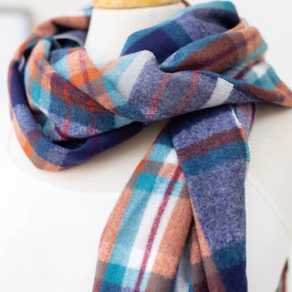 Bright Blues Plaid Knit Scarf Long with Long Fringe Tassel Judson