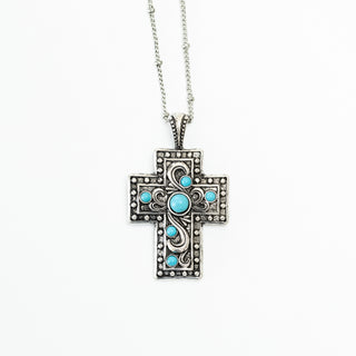 Vintage Turquoise Scroll Cross Jewelry Set silver cross pendant with turquoise stones and intricate scroll design Christian Faith-based boutique