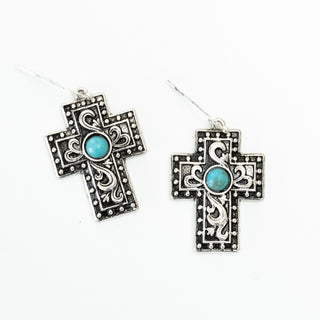 Vintage Turquoise Scroll Cross Jewelry Set silver earrings with turquoise center stones from Christian Faith-based Boutique.