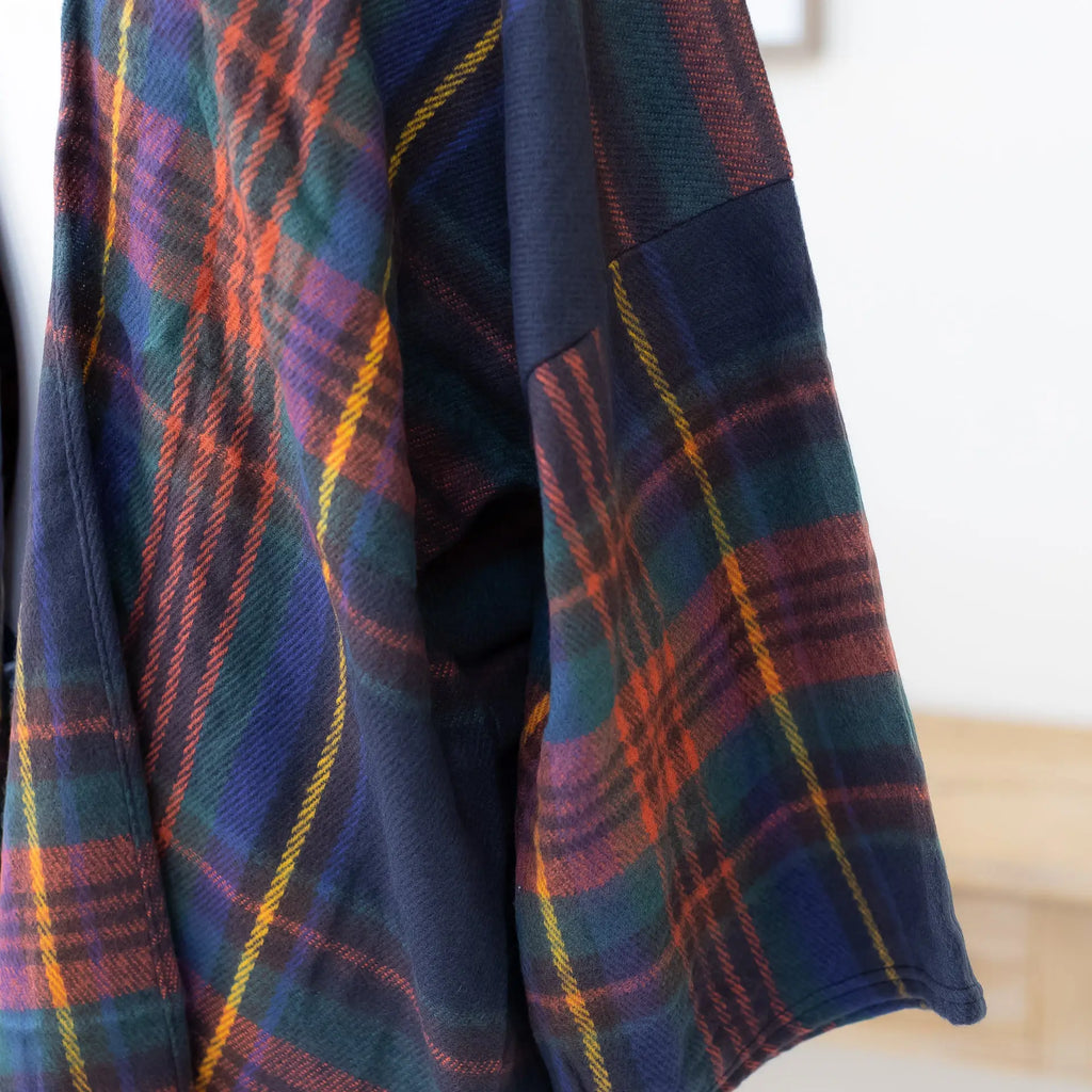 Classic Plaid Throw-over Cardigan in Classic Navy with Tassels Judson