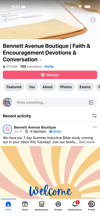 Facebook group page for Bennett Avenue Boutique featuring a welcome graphic with sunburst rays