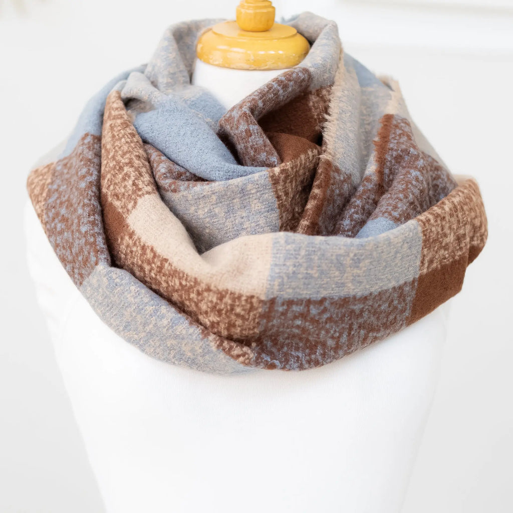 Plaid Block Infinity Scarf with Warm Brown Blue and Beige Hue Judson