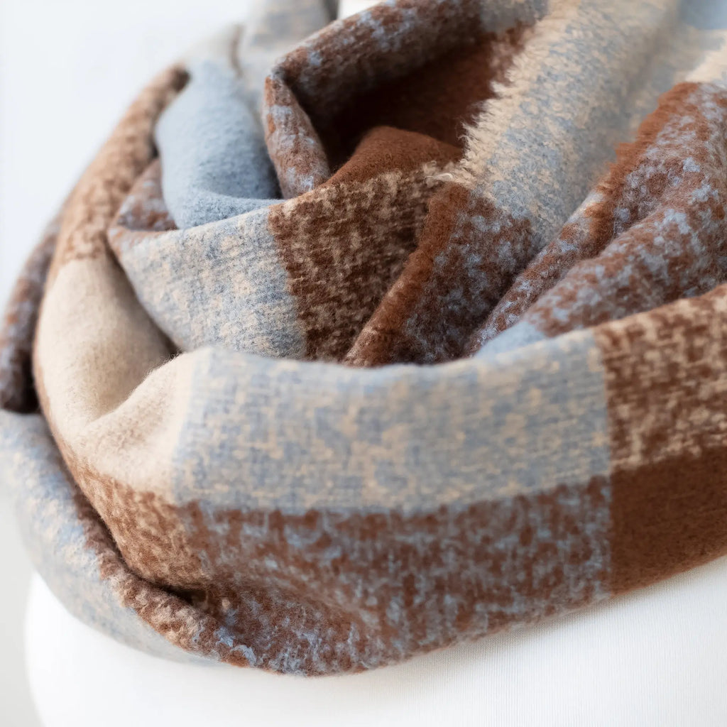 Plaid Block Infinity Scarf with Warm Brown Blue and Beige Hue Judson