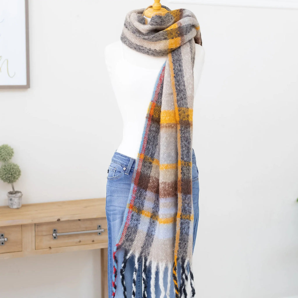 Plaid Knit Scarf Long Classic Fall Hue Colors with Tassel Edges Judson