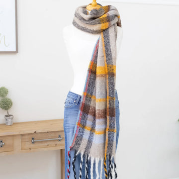 Plaid Knit Scarf Long Classic Fall Hue Colors with Tassel Edges Judson
