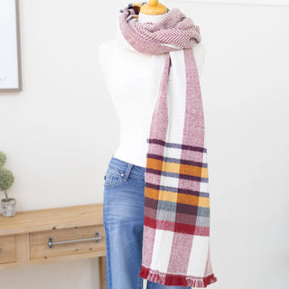 Red Plaid Reversible Knit Scarf Long and Classic Colors with Fringe Judson