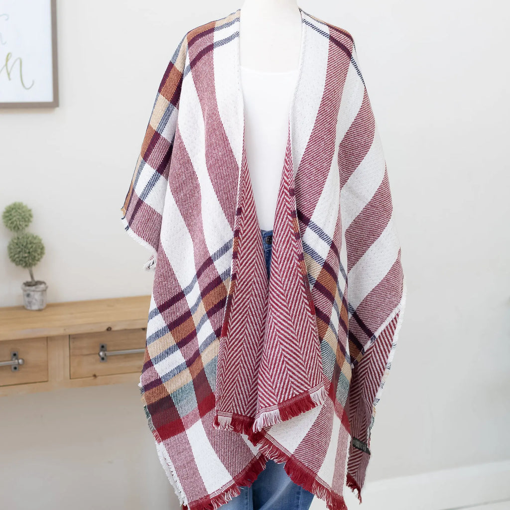 Red Plaid Throw-over Cardigan that is Reversible with Frayed Hem Judson