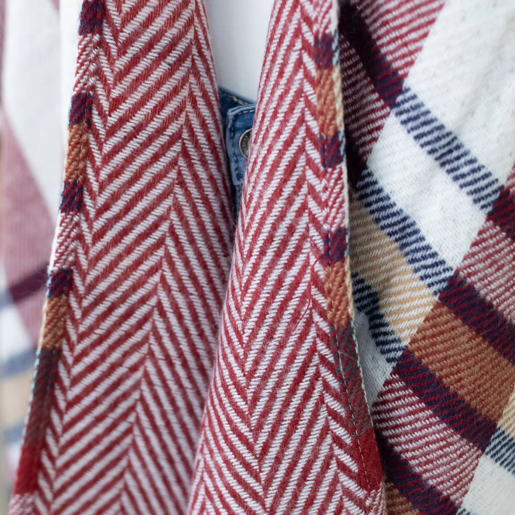 Red Plaid Throw-over Cardigan that is Reversible with Frayed Hem Judson